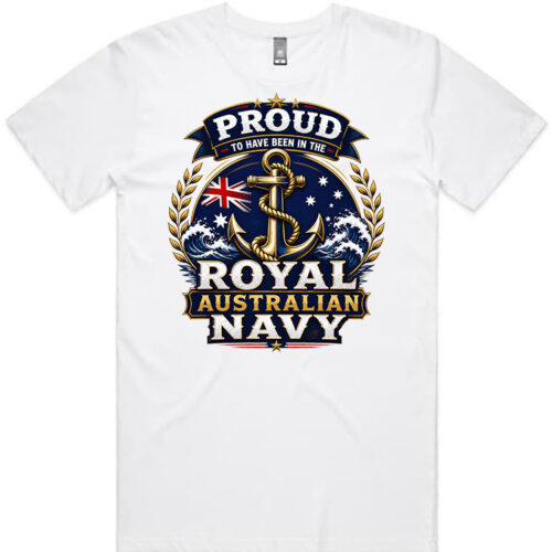 Australian Navy veteran-inspired men’s white t-shirt lay flat with front print