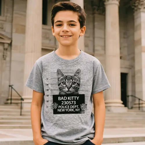 Teenage boy wearing a Grey Marle Bad Kitty kids t-shirt in front of a courthouse
