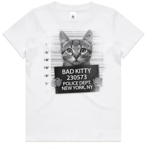 Bad Kitty design printed on a white kids t-shirt