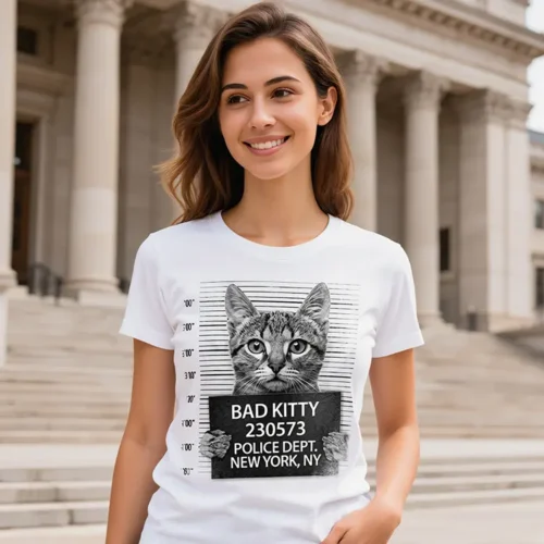 Woman wearing a white Bad Kitty t-shirt in front of a courthouse