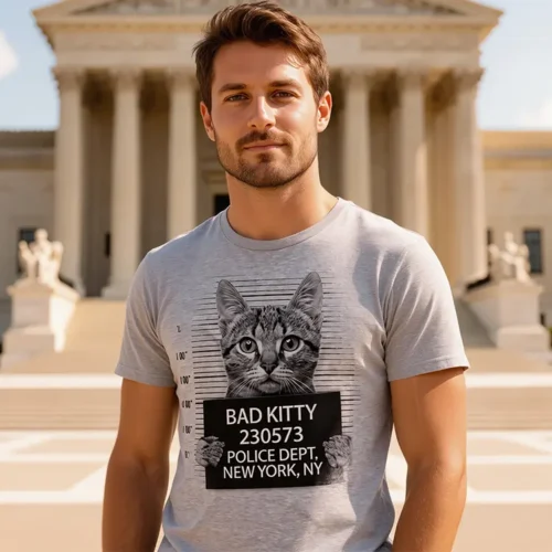 Man wearing a Grey Marle Bad Kitty t-shirt in front of a courthouse