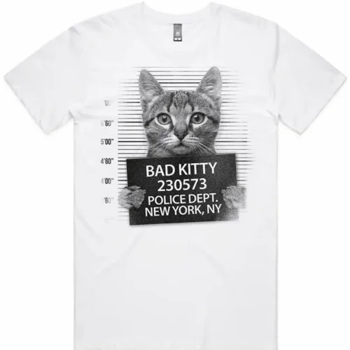 Bad Kitty design printed on a white men’s t-shirt