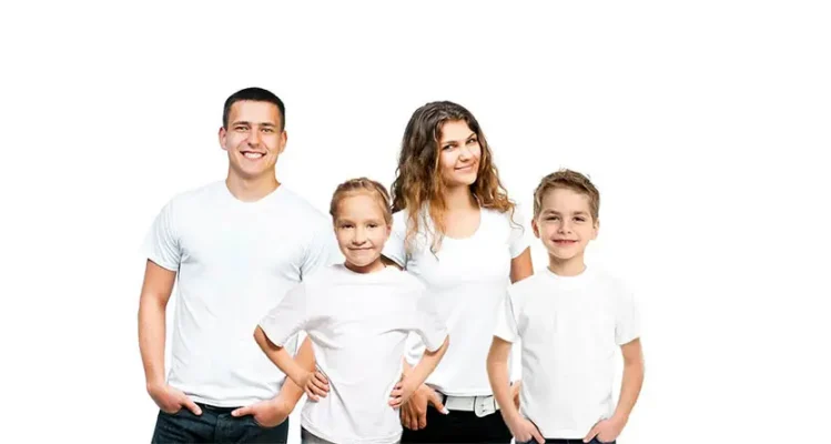 Family wearing plain white basic T shirts for a whole family T shirt guide
