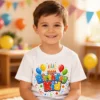 Boy wearing a white Birthday Kid kids t-shirt with colourful birthday design