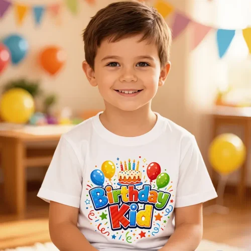 Boy wearing a white Birthday Kid kids t-shirt with colourful birthday design
