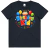 Birthday Kid kids navy t-shirt lay flat with colourful birthday design on front