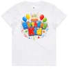 Birthday Kid kids white t-shirt lay flat with colourful birthday design on front