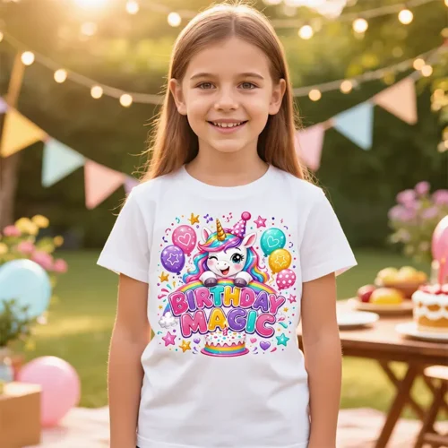 Girl wearing a white Birthday Magic kids t-shirt with unicorn birthday design
