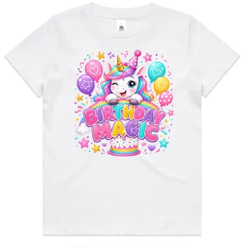 Birthday Magic kids white t-shirt lay flat with unicorn birthday design on front