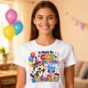 A woman wearing a white Cat-astrophe Birthday ladies t-shirt in a party lounge room
