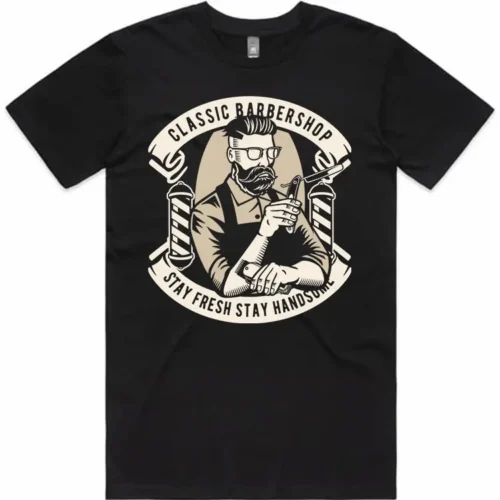 Classic Barber Shop men’s t-shirt in black shown lay flat with front design