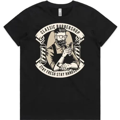 Classic Barber Shop ladies t-shirt in black shown lay flat with front design