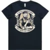 Classic Barber Shop ladies t-shirt in navy shown lay flat with front design