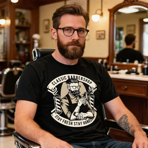 Man wearing the Classic Barber Shop men’s t-shirt in black while sitting in a barber’s chair
