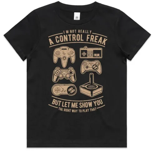 Control Freak kids gaming t-shirt in black shown lay flat with retro controller design