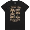 Control Freak ladies gaming t-shirt in black shown lay flat with retro controller design
