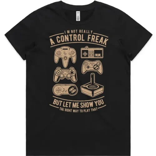 Control Freak ladies gaming t-shirt in black shown lay flat with retro controller design