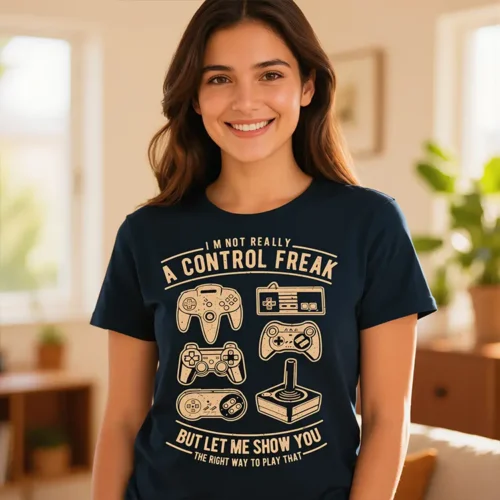Woman wearing the Control Freak ladies gaming t-shirt in navy while standing in a lounge room