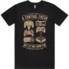 Control Freak men’s gaming t-shirt in black shown lay flat with retro controller design
