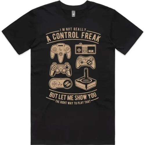 Control Freak men’s gaming t-shirt in black shown lay flat with retro controller design