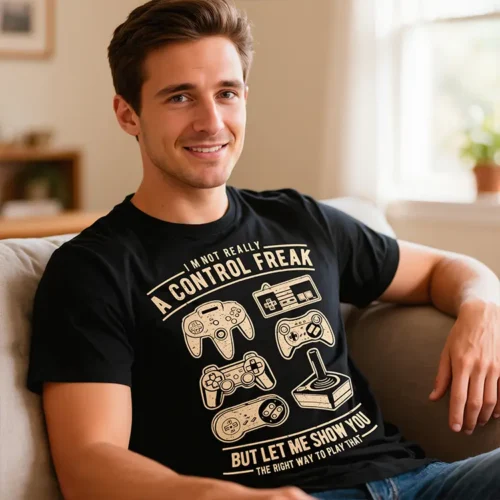 Man wearing the Control Freak men’s gaming t-shirt in black while sitting on a couch in a lounge room