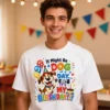 Man wearing a white Dog Day Birthday men’s t-shirt in a party lounge room