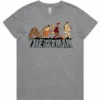 Evolution of a Man ladies t-shirt in grey marle shown lay flat with cartoon evolution design