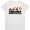 Evolution of a Man ladies t-shirt in white shown lay flat with cartoon evolution design