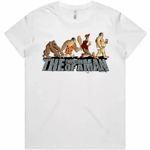 Evolution of a Man ladies t-shirt in white shown lay flat with cartoon evolution design
