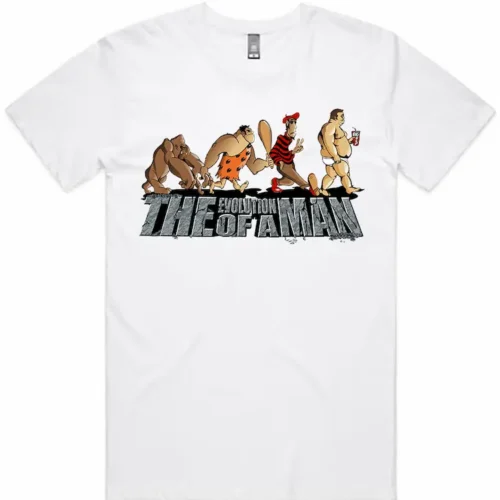 Evolution of a Man men’s t-shirt in white shown lay flat with cartoon evolution design