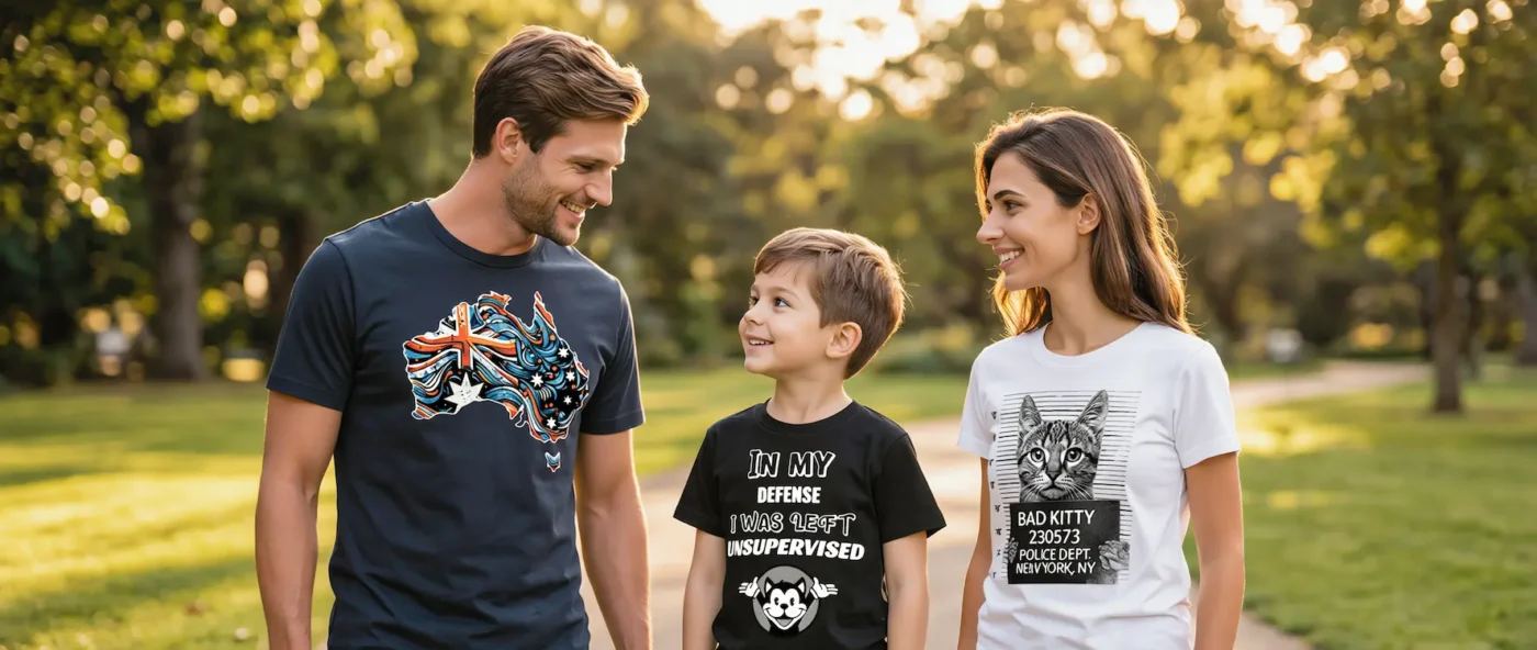 Family wearing graphic t-shirts in a park, showing men’s, women’s and kids printed tees from T Shirts Australia.