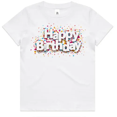 Happy Birthday kids t-shirt in white shown lay flat with front design