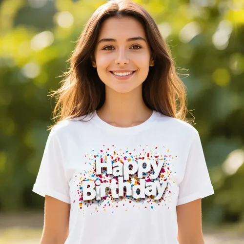 Woman wearing the Happy Birthday ladies t-shirt in white while standing in a park