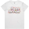 Happy Birthday ladies t-shirt in white shown lay flat with front design