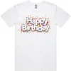 Happy Birthday men’s t-shirt in white shown lay flat with front design