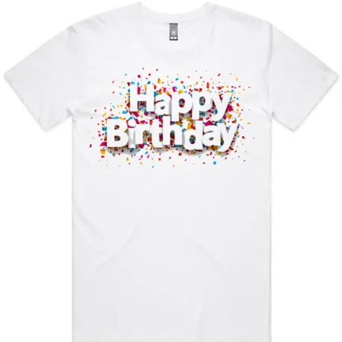 Happy Birthday men’s t-shirt in white shown lay flat with front design