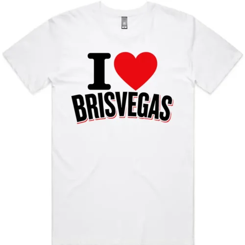 White men’s I Love Brisvagas t-shirt with the design printed on the front
