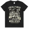 Black I Really Need More Space Kids T Shirt laid flat showing the front design
