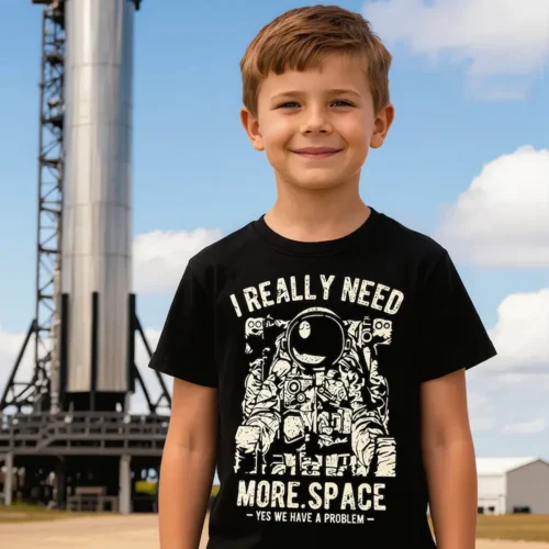 Boy wearing a black I Really Need More Space Kids T Shirt standing in front of a small rocket