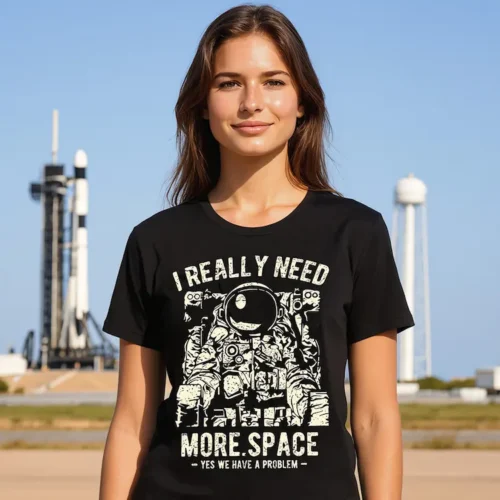 Woman wearing a black I Really Need More Space Ladies T Shirt standing in front of a small rocket
