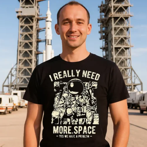 Man wearing a black I Really Need More Space Men T Shirt standing in front of a small rocket