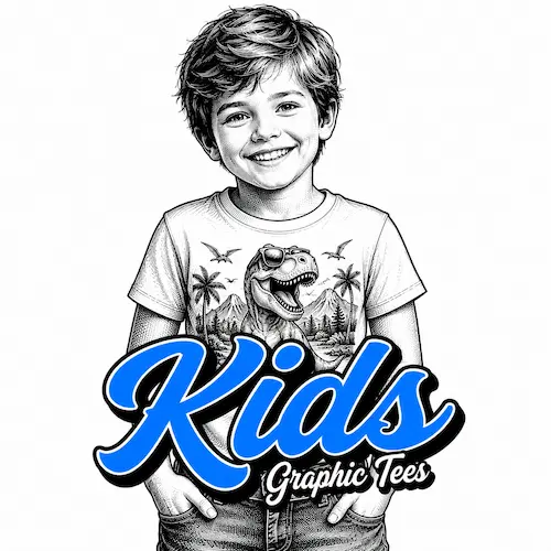 Kids graphic t-shirts category image showing an illustrated child wearing a dinosaur printed tee with Kids Graphic Tees text.