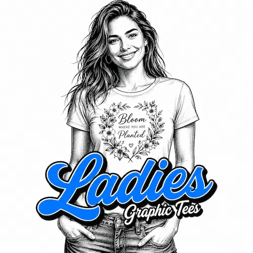 Ladies graphic t-shirts category image showing an illustrated woman wearing a floral printed tee with Ladies Graphic Tees text.