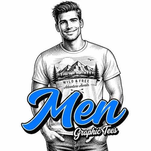 Men’s graphic t-shirts category image showing an illustrated man wearing a printed tee with Men Graphic Tees text.