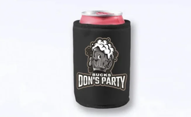 Black personalised stubby holder with custom party design around a drink can