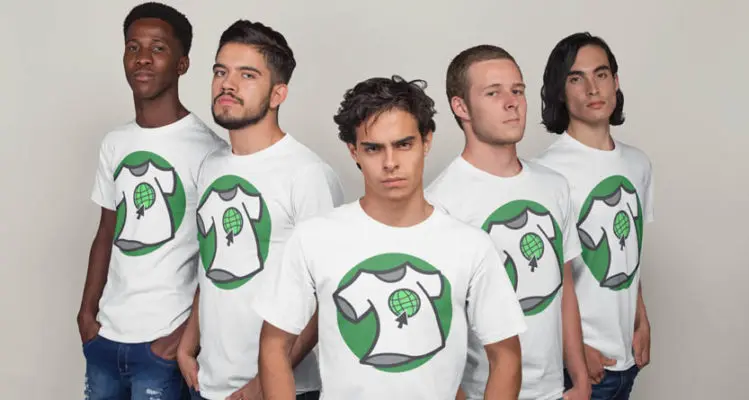Group of men wearing white promotional t shirts with matching printed logos