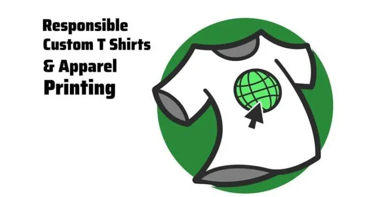 Responsible custom t shirt and apparel printing illustration with a t shirt and green sustainability symbol