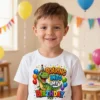 A boy wearing a white Roaring Into My Birthday kids t-shirt with dinosaur birthday design