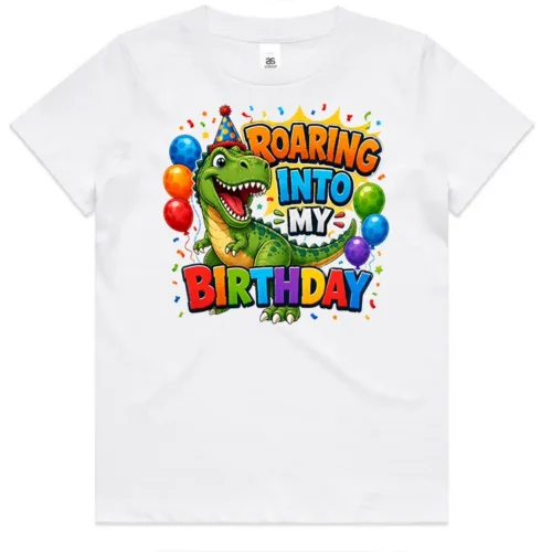 Roaring Into My Birthday kids white t-shirt lay flat with dinosaur birthday design on front