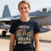A Woman wearing a Royal Australian Air Force-inspired t-shirt in front of a fighter jet